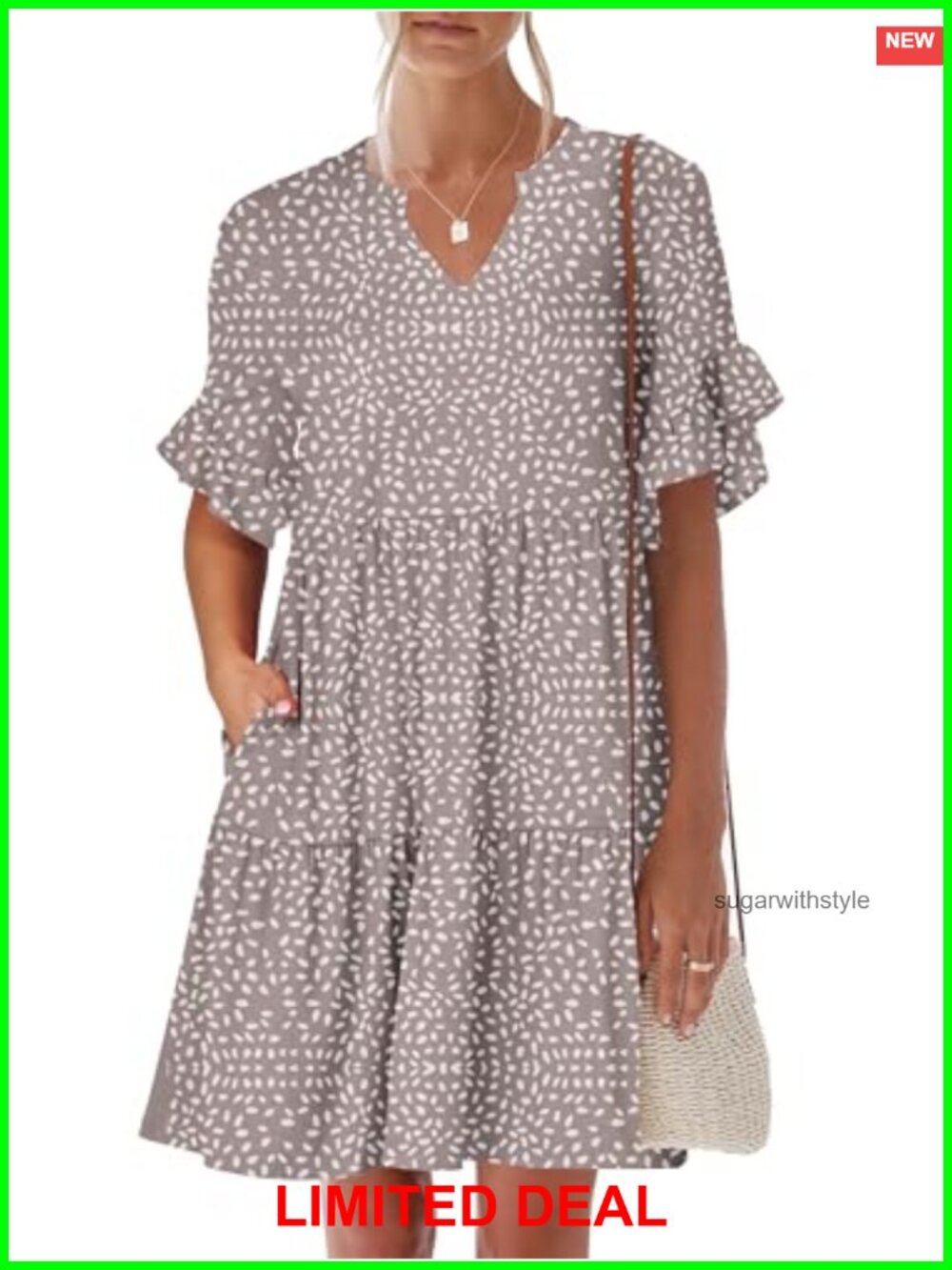 ANRABESS Women's Summer Casual Mini Dress V-Neck Ruffle Sleeve Tiered A-Line